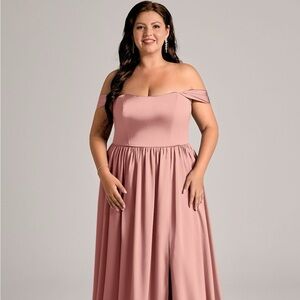 Azazie Calianna Elegant Silk Pink Off-Shoulder Dress: Rosette